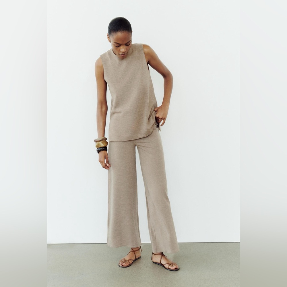Zara Tan Sleeveless Top and Wide-Leg Pants Set